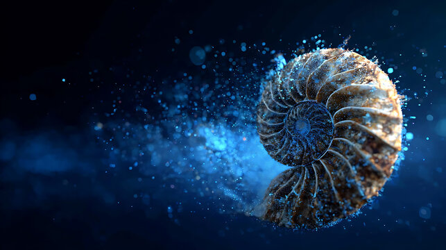 A detailed depiction of an ammonite shell with glowing particles creating a stunning visual effect