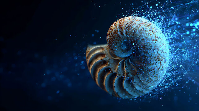A detailed nautilus shell with a captivating, futuristic design, showcasing intricate patterns and textures. It has a spiral shape with a gradient color, and a digital effect background