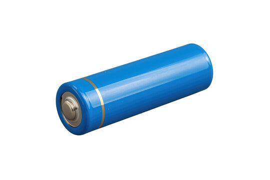 Blue cylindrical battery providing power and energy, ready for recharging or single use, transparent background