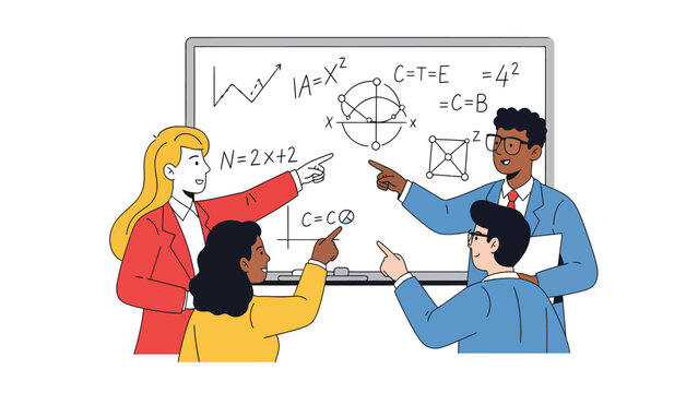 Diverse Group Collaborating on Math & Science Problems on Whiteboard, Symbolizing Education and Teamwork