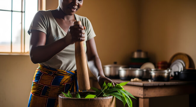 A woman standing in a kitchen using a wooden pestle to crush green leafy vegetables in a traditional wooden container