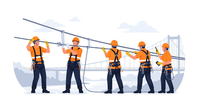 Bridge Construction: A team of construction workers is meticulously installing cables on a suspension bridge, symbolizing collaboration and the complexities of infrastructure development.