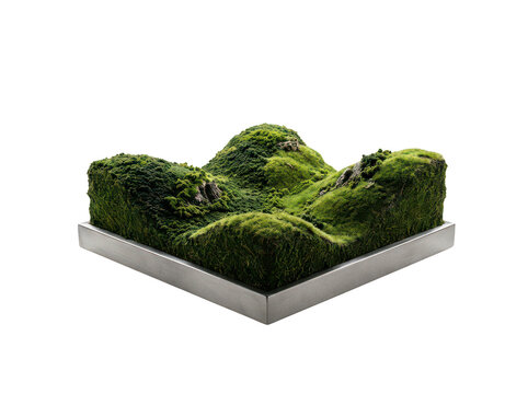 Vibrant lush green moss rolling hills 3D model on a sleek silver square base isolated transparent background image