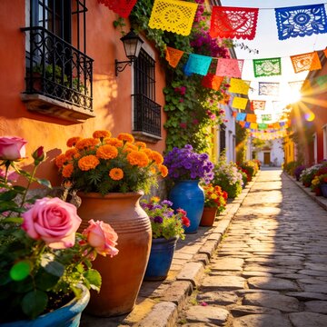 Colorful Mexican Street Decorated with Papel Picado Flags and Flowers at Sunset Mexico cobblestone