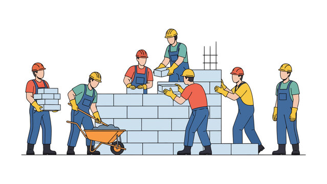 Building the Future: A team of skilled bricklayers meticulously constructs a wall, representing collaborative effort and progress.