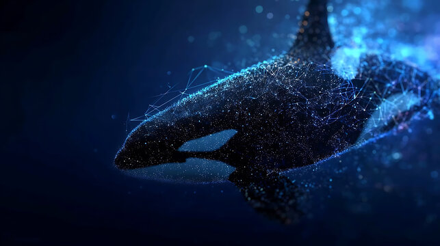 A mesmerizing digital rendering of an orca, radiating an ethereal glow in the deep blue ocean. The artwork captures the grace and power of the apex predator in a futuristic style