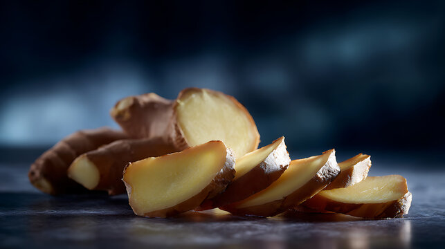 A close-up shot of fresh sliced ginger root, showcasing its natural texture and color. The ginger root lies on a reflective surface