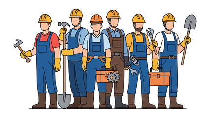 Team of Builders Ready for Action: A dedicated construction team stands ready, each individual equipped with essential tools and gear, symbolizing skill, collaboration. © Halima
