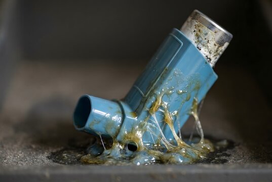 Close-up of a plastic asthma inhaler melting into a sticky sludge