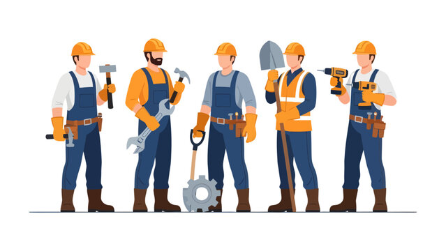 Construction Team: A team of construction workers is illustrated, each holding different tools essential for their work, ready to build and create.