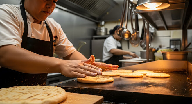 Cook in apron using hands to flatten round bread on a commercial heating surface
