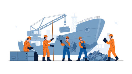 Maritime Workforce in Action: A dedicated team of maritime workers engaged in the intricate process of ship repair and reconstruction, showcasing the essence of human endeavor and engineering prowess. © Atiya