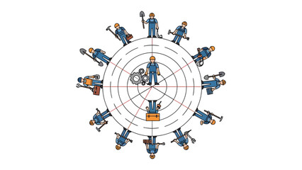 Team of Engineers at Work: A team of skilled engineers stands united, strategically arranged in a circular formation around a central blueprint. Each engineer holds essential tools. © FARHANA