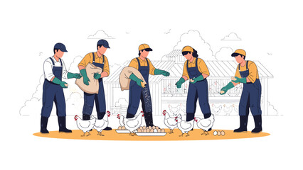 Farmers' Daily Chore: Farmers are working in a chicken coop, diligently tending to their flock, with focus on poultry farming. © Rahimatul