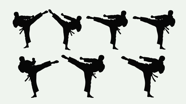 Karate Silhouette Set: Dynamic Kicks and Martial Arts Poses