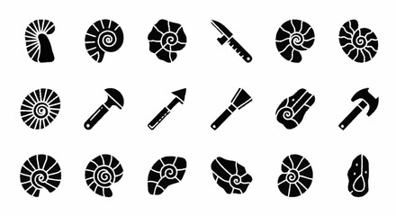 Black icons of ammonites and tools. © Gendhis