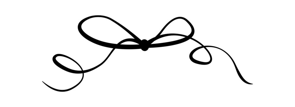 Whimsical black bow with wavy ribbon lines. Cute girly knot as romantic decorative element and simple coquette accent. Hand drawn doodle detail for wedding card or valentine invite, vintage frame