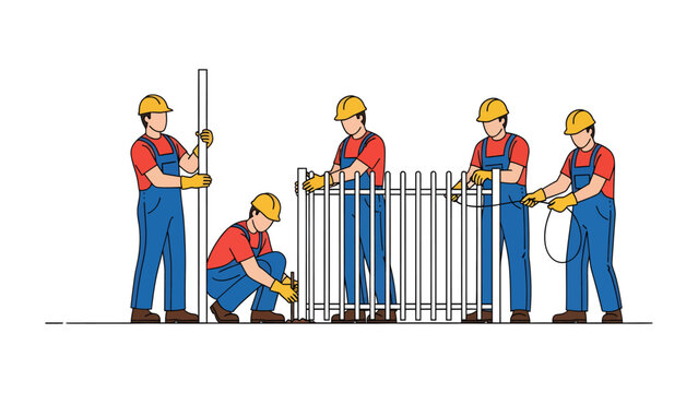 Building a Barrier: A team of diligent construction workers meticulously erect a fence, showcasing teamwork, precision, and the art of craftsmanship.