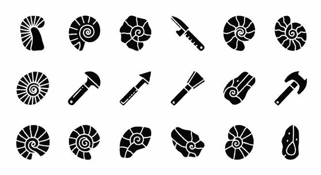 Black icons of ammonites and tools.