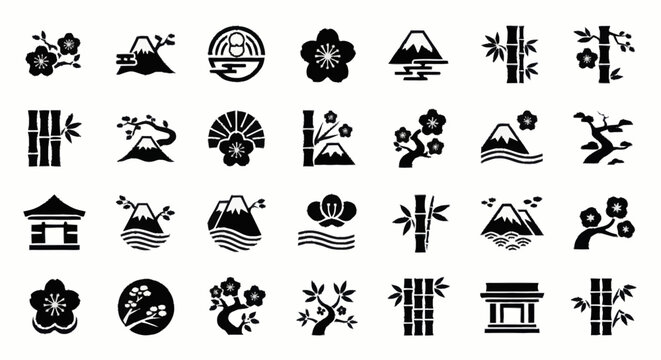 Black Japanese style icons on white.