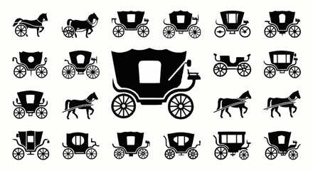Black silhouettes of horse drawn carriages. © Gendhis