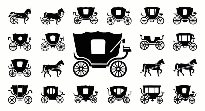 Black silhouettes of horse drawn carriages.
