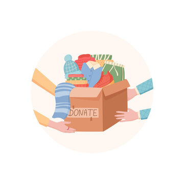 Flat circle sticker show clothes donation box. Cute community gift box as charity help symbol with cartoon character hand and warm goods. Simple cover for support, care and donate theme use