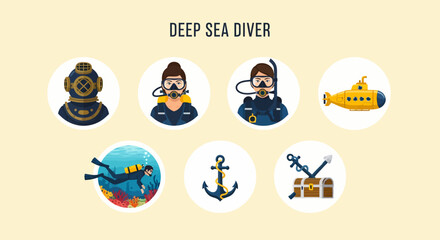 Modern Flat illustration of Deep sea diver in scuba gear. © Faisal