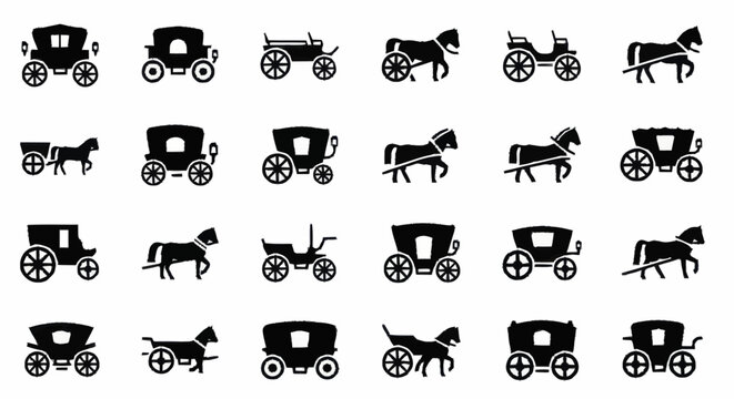 Horse drawn carriages and horses.