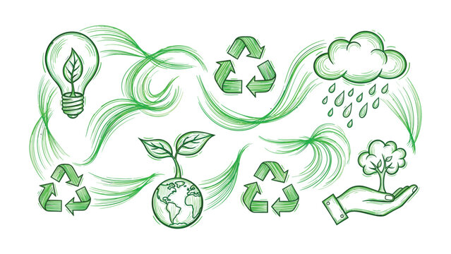 Sustainable Living: Conceptual illustration showcasing a harmonious interplay of eco-friendly elements like recycle symbol, growing plant, lightbulb with leaf, and tree in hand.
