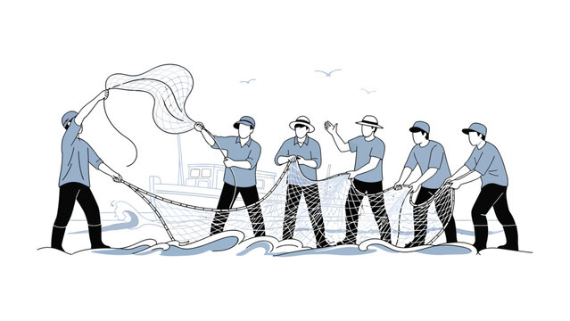 Fishermen Casting Their Net: A collective of industrious fishermen, working in unison, cast their net into the sea, showcasing the rhythm of maritime life.