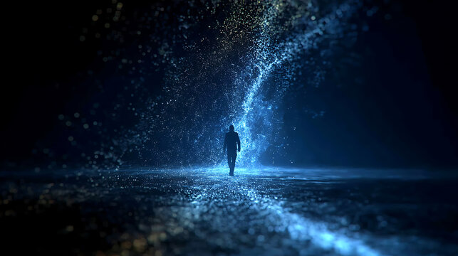 A person in the light, navigating through a swirling network of particles, walking towards the unknown 