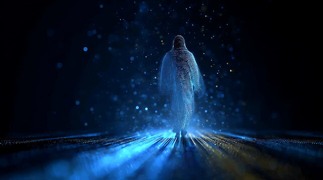 A mystical figure bathed in ethereal blue light, walking in the darkness