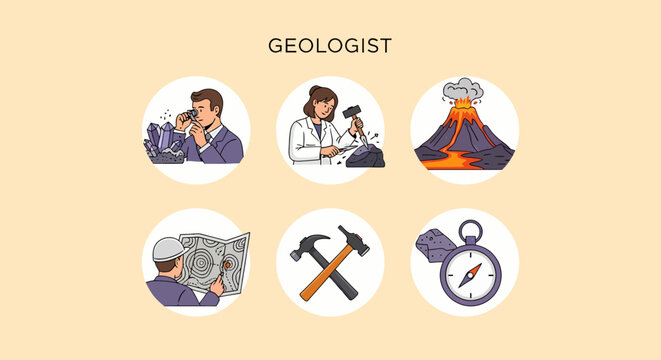 Modern Flat illustration of Geologist at work with tools.