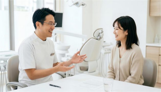 歯科医院で女性患者に笑顔で説明をする男性歯科医