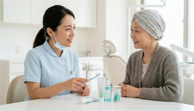 ケア帽子を被った女性患者にオーラルケアの指導をする歯科衛生士