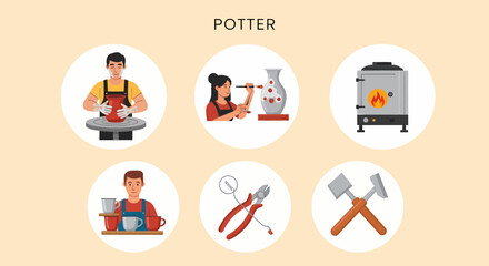 Fototapeta premium Modern Flat illustration of Man working at pottery wheel studio.