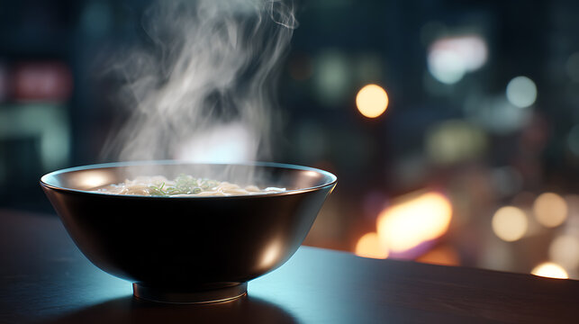A close-up view of a bowl of delicious, steaming soup with bokeh background