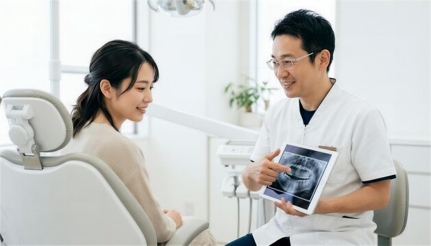 歯科医院の診察室でタブレットのレントゲン画像を見せて説明する男性歯科医