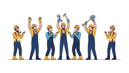 Fototapeta premium Construction Crew Celebration: Celebrating hard work and dedication, a construction crew joyfully raises tools in a gesture of unity and achievement.