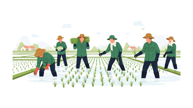 Cultivating Rice: hard-working farmers in coordinated unison carefully tend to a verdant rice paddy, embodying the spirit of community and the art of cultivation.