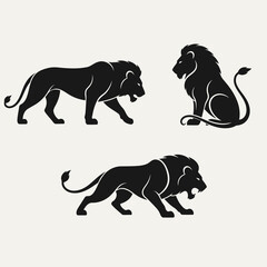 Naklejka premium Three silhouettes of lions walking and sitting in savannah landscape