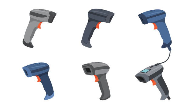 Barcode scanners set. Handheld reader devices for retail, warehouse, and inventory management. Vector illustration.