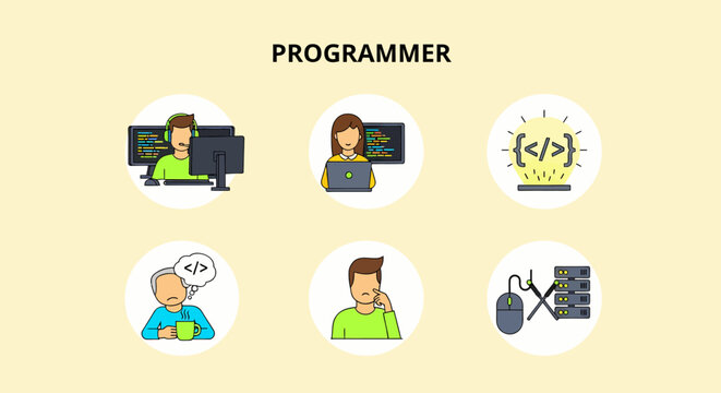 Illustration Set of Programmer working on computer code.