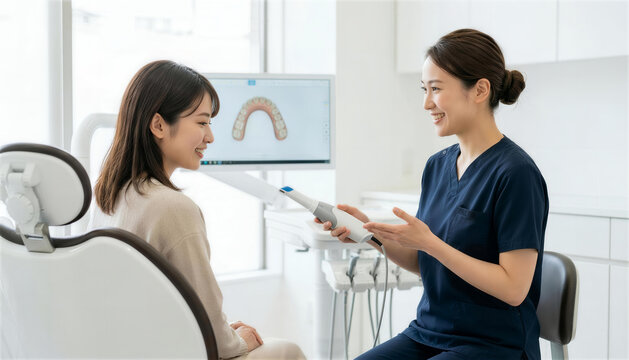 歯科医院で口腔内スキャナーを持って笑顔で女性患者に説明する歯科医師