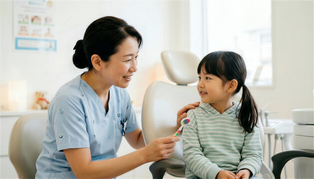 歯科医院で小さな女の子の患者に子供用歯ブラシを見せて優しく微笑む歯科衛生士