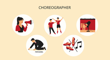 Fototapeta premium Illustration Set of Woman Directing Dance Performance Choreography.