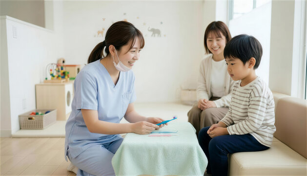 歯科医院のキッズスペースで男の子と母親に歯磨き指導をする歯科衛生士