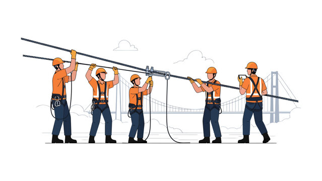 Building Bridge Cable: A team of construction workers diligently work on a bridge, meticulously connecting a crucial cable with precision and teamwork.