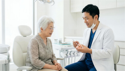 Obraz premium 歯科医院のデンタルチェアで歯の模型を使ってシニア女性患者に説明する男性歯科医